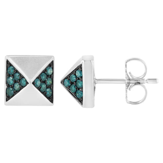 14K White Gold 1/4 Cttw Treated Blue Diamond Pyramid Stud Earring (Blue Color, SI1-SI2 Clarity) - Bijoux-NYC Direct