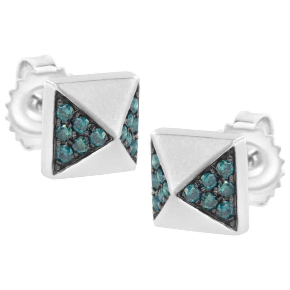 14K White Gold 1/4 Cttw Treated Blue Diamond Pyramid Stud Earring (Blue Color, SI1-SI2 Clarity) - Bijoux-NYC Direct