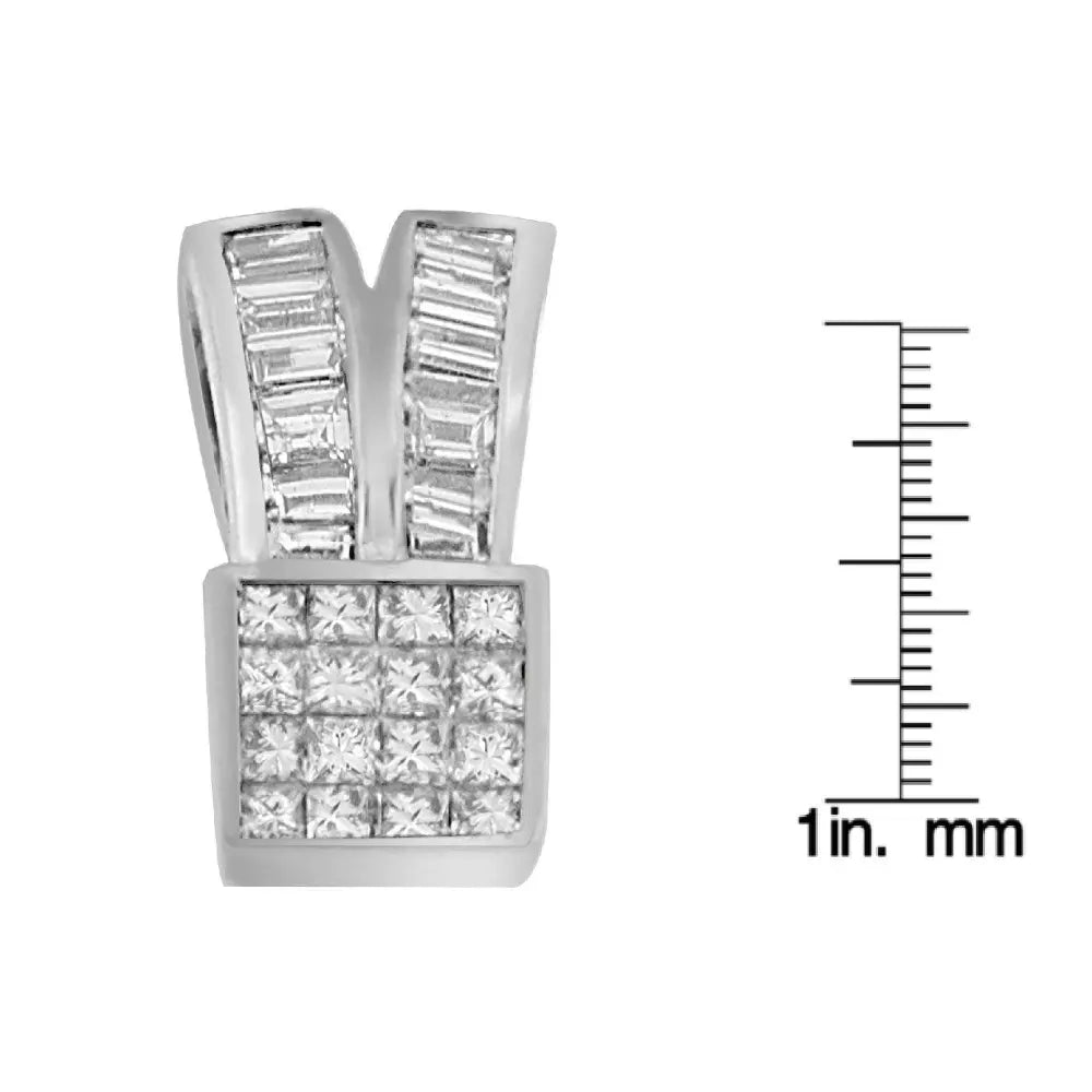 14K White Gold 1 5/8 cttw Princess and Baguette Cut Diamond Heart Ribbon Pendant Necklace (G-H, VS1-VS2) - Bijoux-NYC Direct