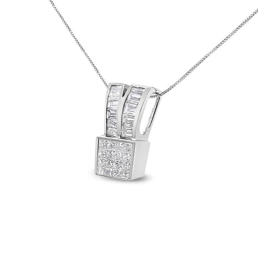 14K White Gold 1 5/8 cttw Princess and Baguette Cut Diamond Heart Ribbon Pendant Necklace (G-H, VS1-VS2) - Bijoux-NYC Direct