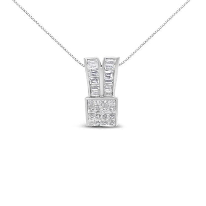 14K White Gold 1 5/8 cttw Princess and Baguette Cut Diamond Heart Ribbon Pendant Necklace (G-H, VS1-VS2) - Bijoux-NYC Direct