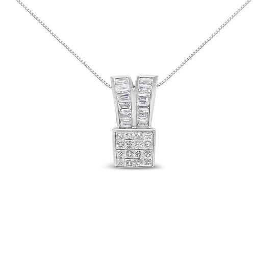 14K White Gold 1 5/8 cttw Princess and Baguette Cut Diamond Heart Ribbon Pendant Necklace (G-H, VS1-VS2) - Bijoux-NYC Direct