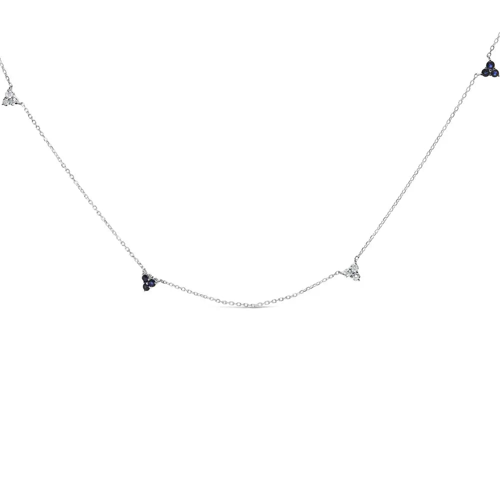 14k white gold sapphire and 1/5 cttw diamond trio cluster station necklace bijoux-nyc direct
