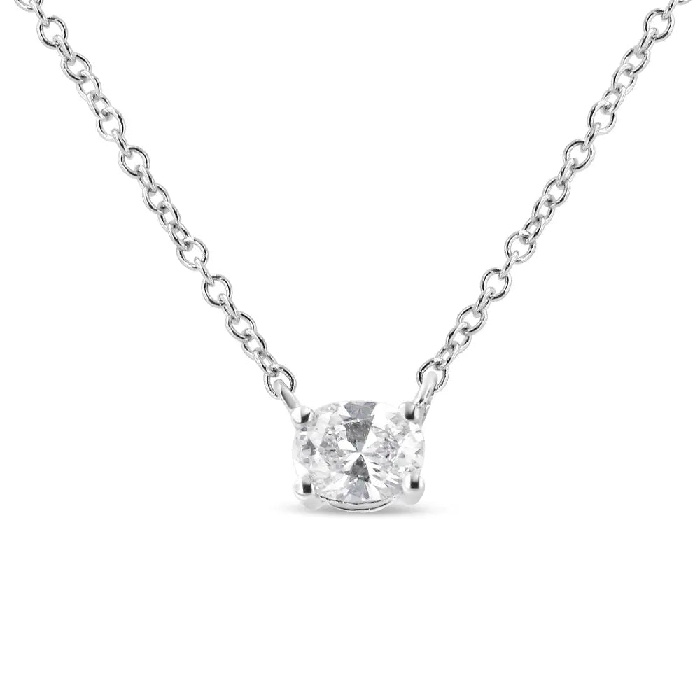14K White Gold 1/5 Cttw Oval Shape Solitaire Diamond East West 18" Pendant Necklace (G-H Color, VS2-SI1Clarity) - Bijoux-NYC Direct