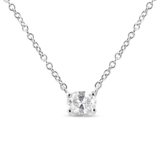 14K White Gold 1/5 Cttw Oval Shape Solitaire Diamond East West 18" Pendant Necklace (G-H Color, VS2-SI1Clarity) - Bijoux-NYC Direct