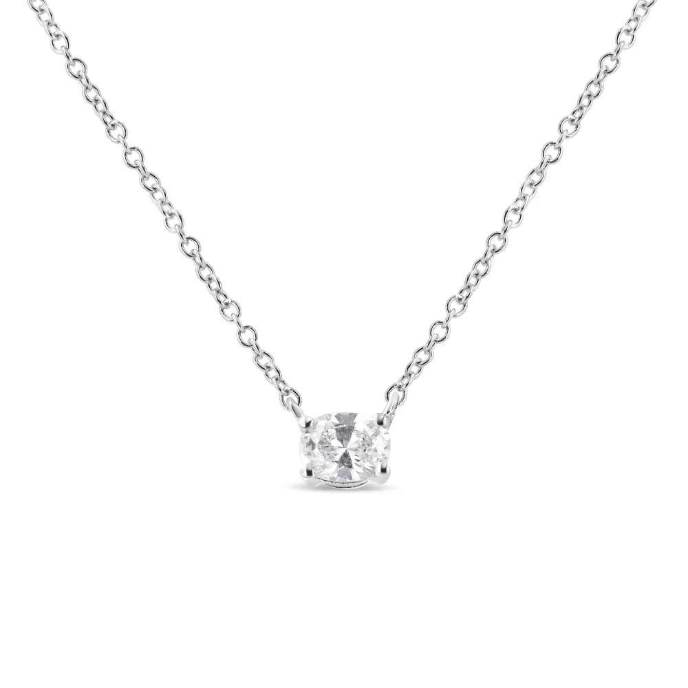 14K White Gold 1/5 Cttw Oval Shape Solitaire Diamond East West 18" Pendant Necklace (G-H Color, VS2-SI1Clarity) - Bijoux-NYC Direct