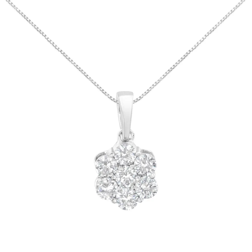 14K White Gold 1 cttw Brilliant Round-Cut Diamond 7 Stone Flower 18" Pendant Necklace (F-G Color, VS1-VS2 Clarity) - Bijoux-NYC Direct