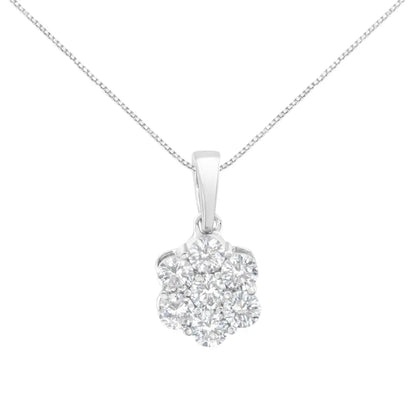 14K White Gold 1 cttw Brilliant Round-Cut Diamond 7 Stone Flower 18" Pendant Necklace (F-G Color, VS1-VS2 Clarity) - Bijoux-NYC Direct