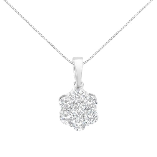 14K White Gold 1 cttw Brilliant Round-Cut Diamond 7 Stone Flower 18" Pendant Necklace (F-G Color, VS1-VS2 Clarity) - Bijoux-NYC Direct