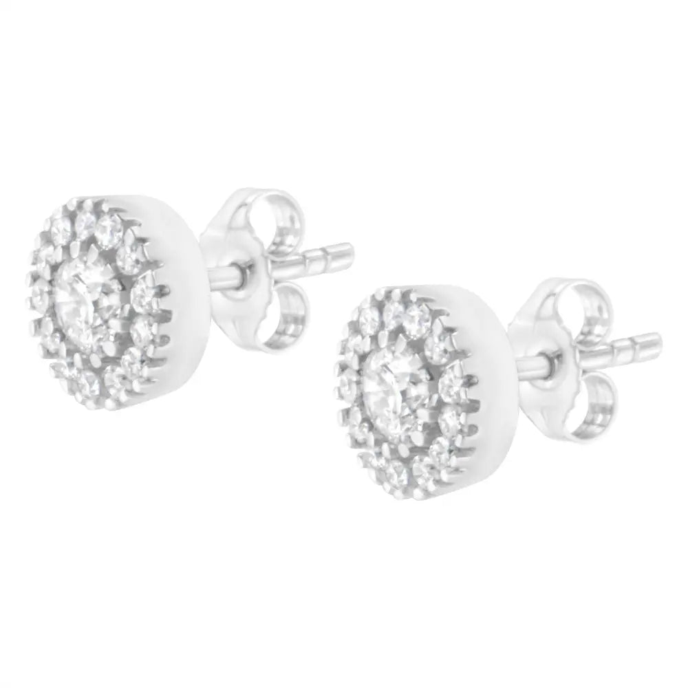 14k White Gold 1 cttw Diamond Halo Stud Earrings (I-J Clarity, I1-I2 Color) - Bijoux-NYC Direct