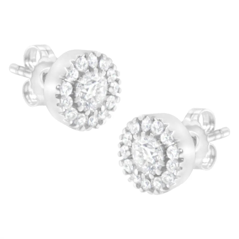 14k White Gold 1 cttw Diamond Halo Stud Earrings (I-J Clarity, I1-I2 Color) - Bijoux-NYC Direct