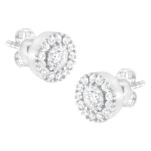 14k White Gold 1 cttw Diamond Halo Stud Earrings (I-J Clarity, I1-I2 Color) - Bijoux-NYC Direct