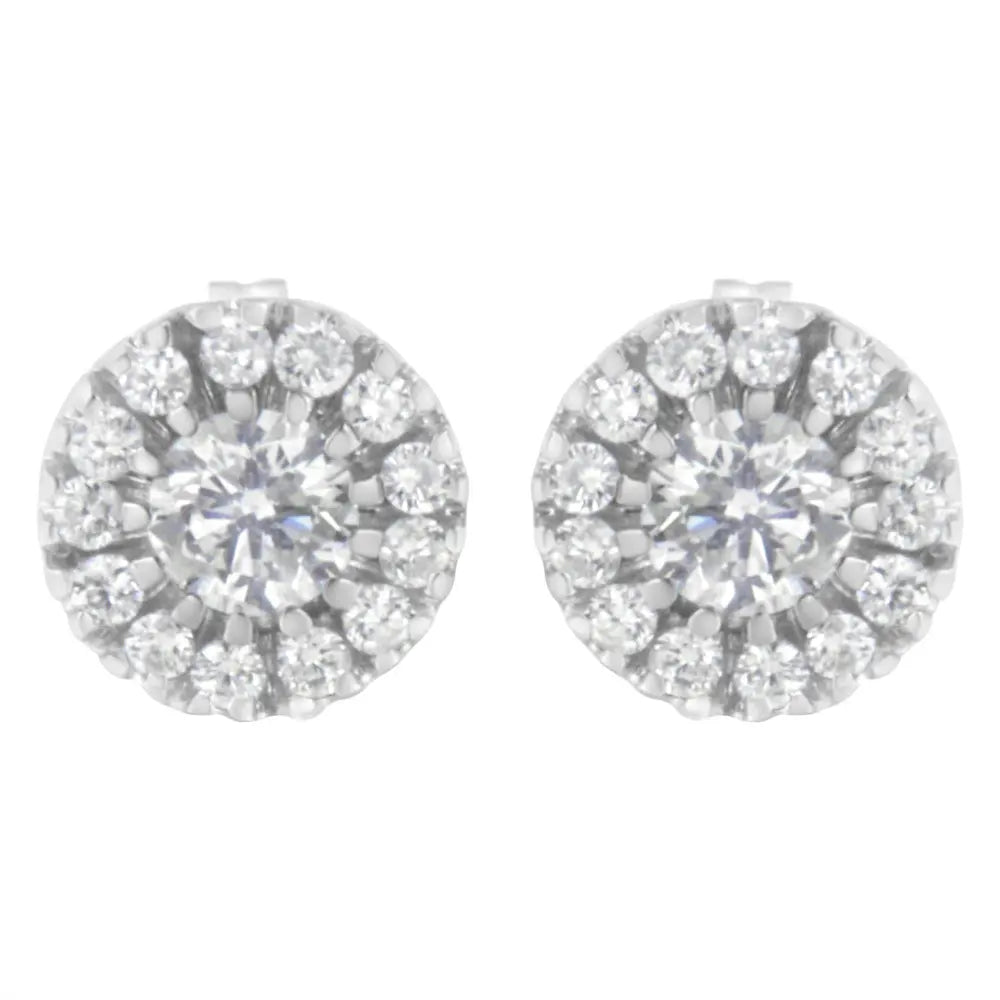 14k White Gold 1 cttw Diamond Halo Stud Earrings (I-J Clarity, I1-I2 Color) - Bijoux-NYC Direct