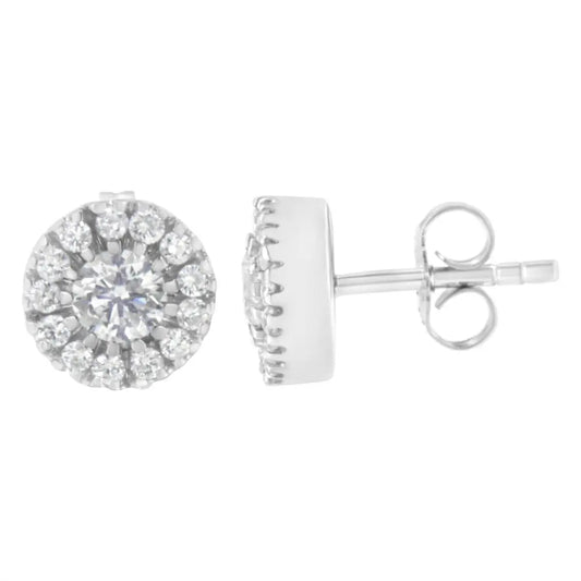 14k White Gold 1 cttw Diamond Halo Stud Earrings (I-J Clarity, I1-I2 Color) - Bijoux-NYC Direct