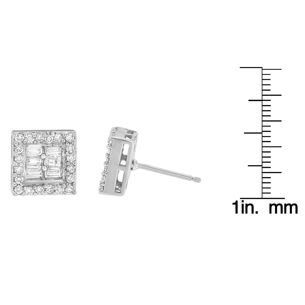 14k white gold 1 cttw round and baguette diamond square stud earrings bijoux-nyc direct