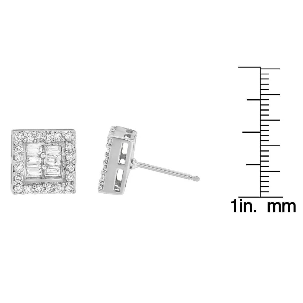 14K White Gold 1 cttw Round and Baguette Diamond Stud Earrings (H-I, SI1-SI2) - Bijoux-NYC Direct