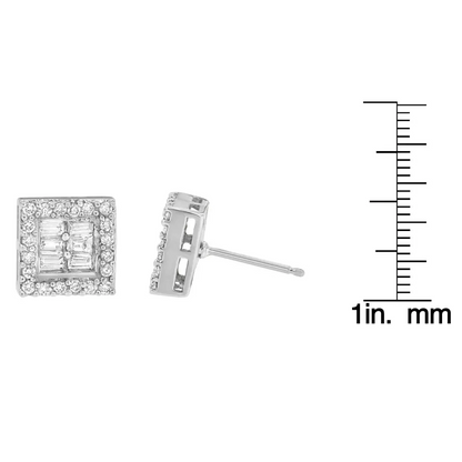 14K White Gold 1 cttw Round and Baguette Diamond Stud Earrings (H-I, SI1-SI2) - Bijoux-NYC Direct