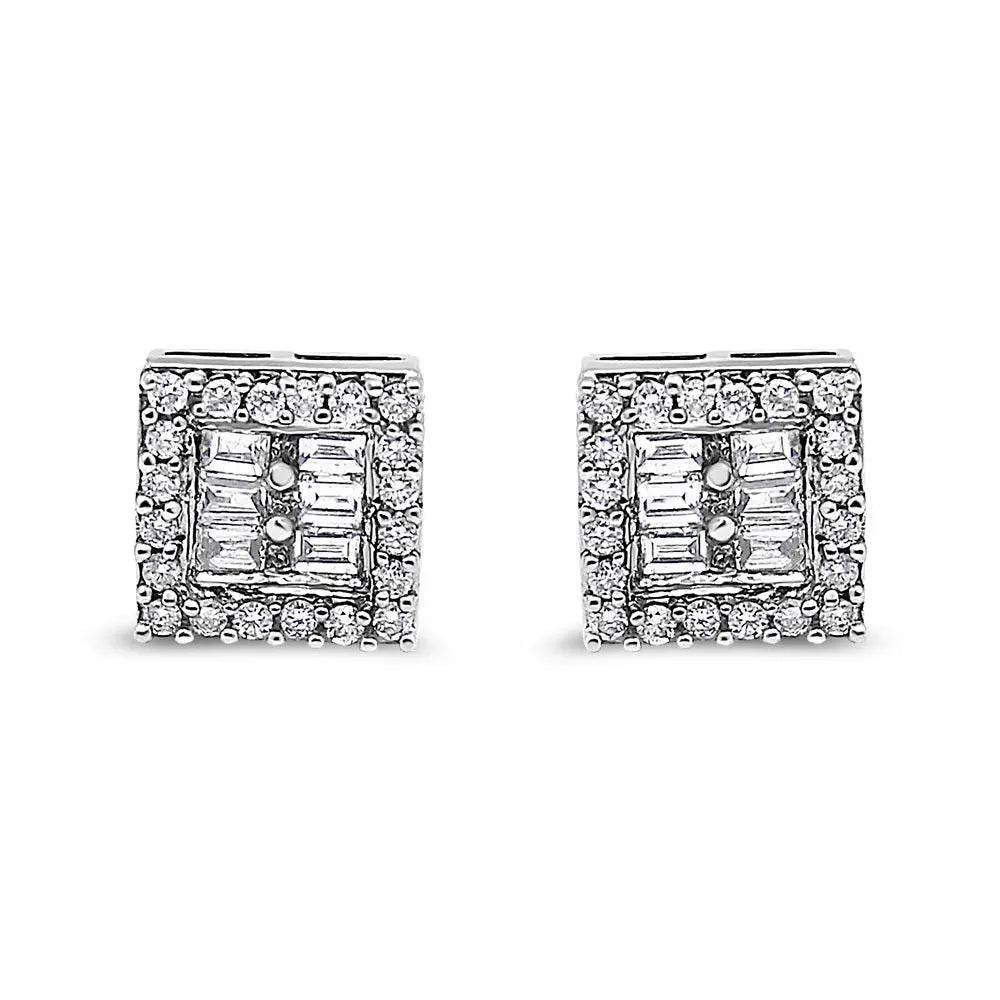 14K White Gold 1 cttw Round and Baguette Diamond Stud Earrings (H-I, SI1-SI2) - Bijoux-NYC Direct
