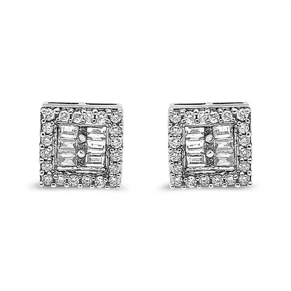 14K White Gold 1 cttw Round and Baguette Diamond Stud Earrings (H-I, SI1-SI2) - Bijoux-NYC Direct