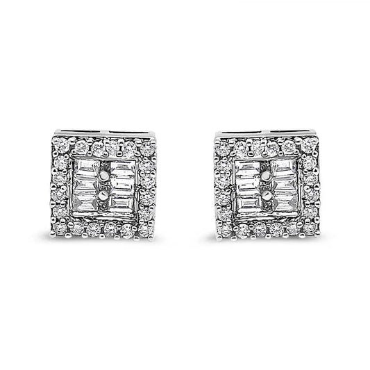 14K White Gold 1 cttw Round and Baguette Diamond Stud Earrings (H-I, SI1-SI2) - Bijoux-NYC Direct