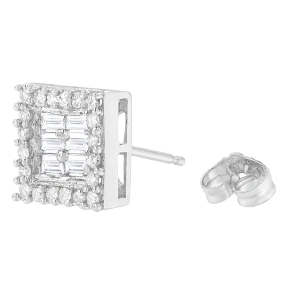 14K White Gold 1 cttw Round and Baguette Diamond Stud Earrings (H-I, SI1-SI2) - Bijoux-NYC Direct