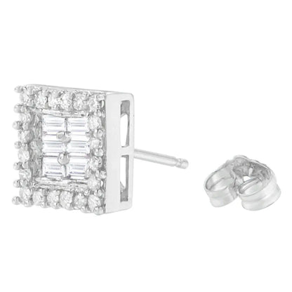 14K White Gold 1 cttw Round and Baguette Diamond Stud Earrings (H-I, SI1-SI2) - Bijoux-NYC Direct