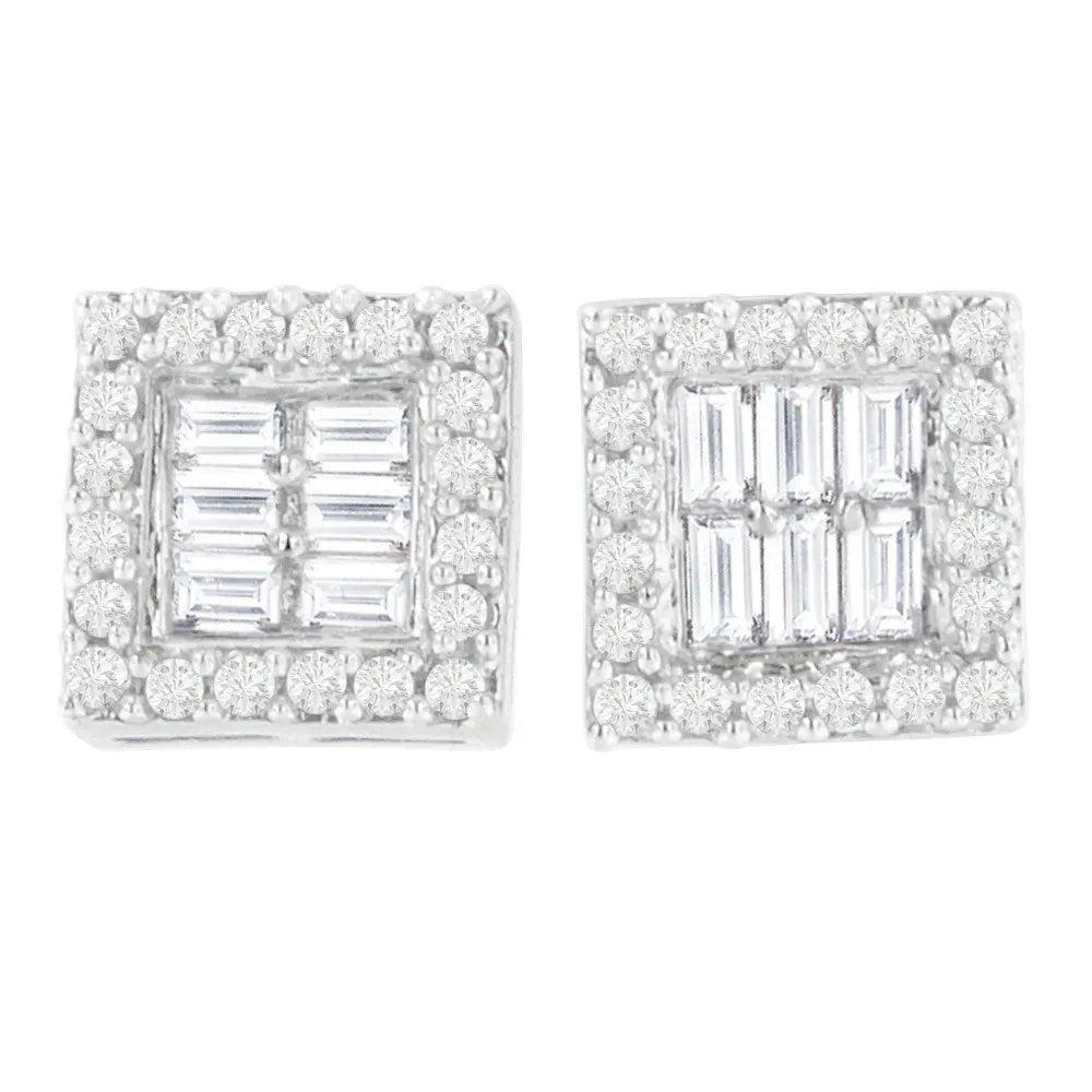 14K White Gold 1 cttw Round and Baguette Diamond Stud Earrings (H-I, SI1-SI2) - Bijoux-NYC Direct
