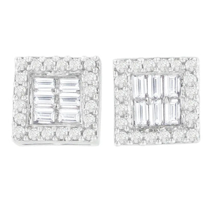 14K White Gold 1 cttw Round and Baguette Diamond Stud Earrings (H-I, SI1-SI2) - Bijoux-NYC Direct