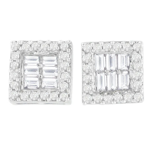 14K White Gold 1 cttw Round and Baguette Diamond Stud Earrings (H-I, SI1-SI2) - Bijoux-NYC Direct