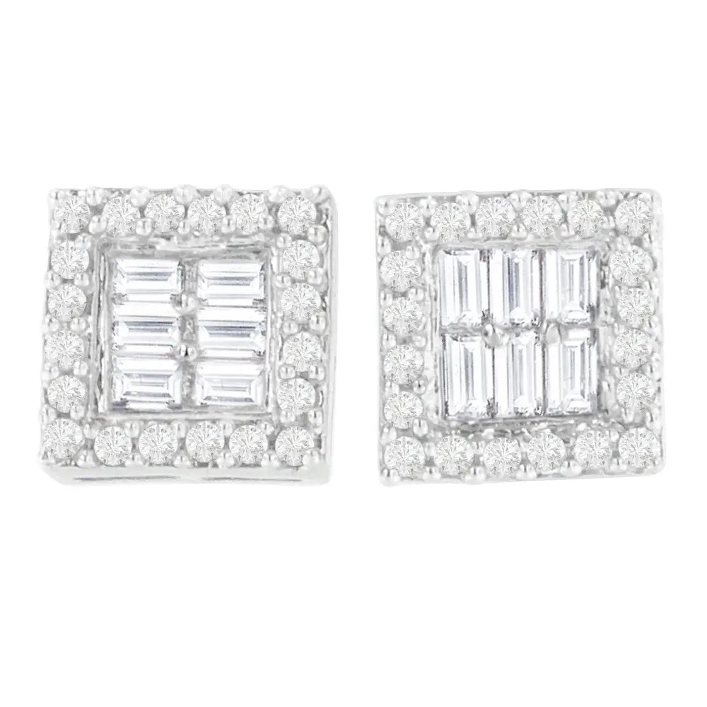 14k white gold 1 cttw round and baguette diamond square stud earrings bijoux-nyc direct