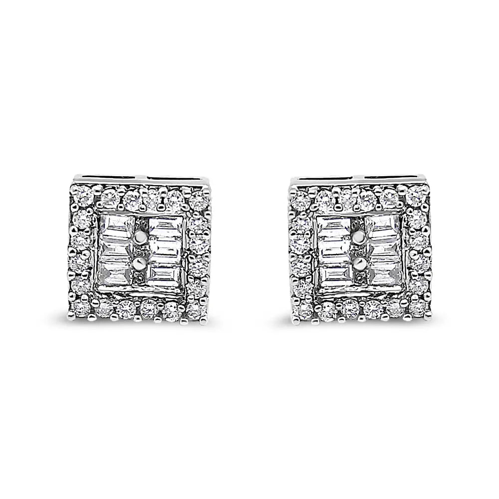 14k white gold 1 cttw round and baguette diamond square stud earrings bijoux-nyc direct