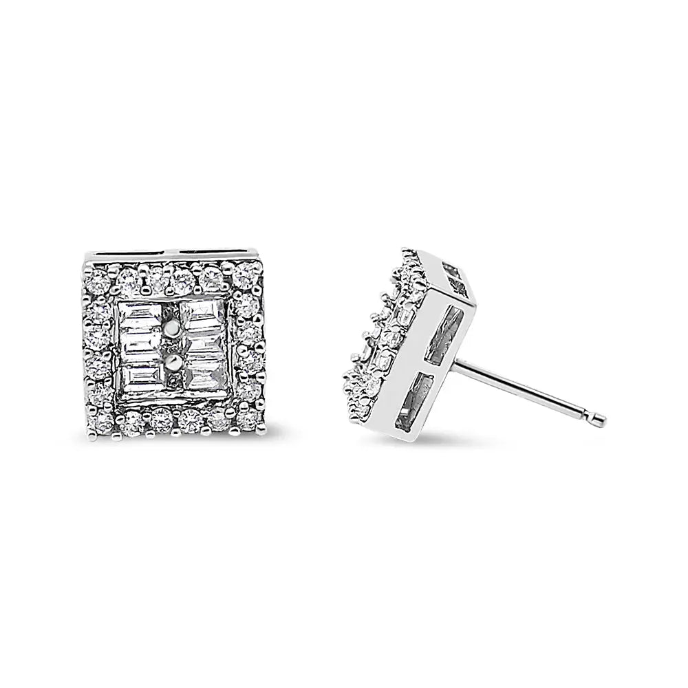 14k white gold 1 cttw round and baguette diamond square stud earrings bijoux-nyc direct