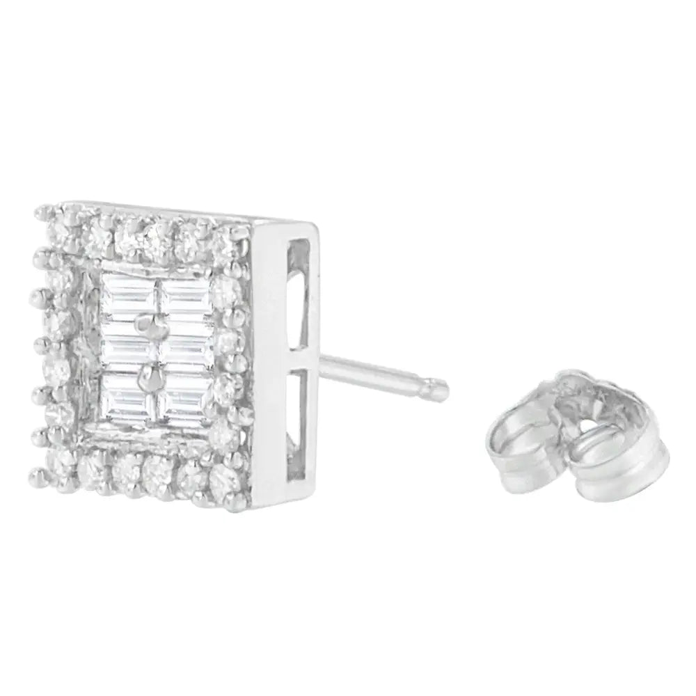 14k white gold 1 cttw round and baguette diamond square stud earrings bijoux-nyc direct