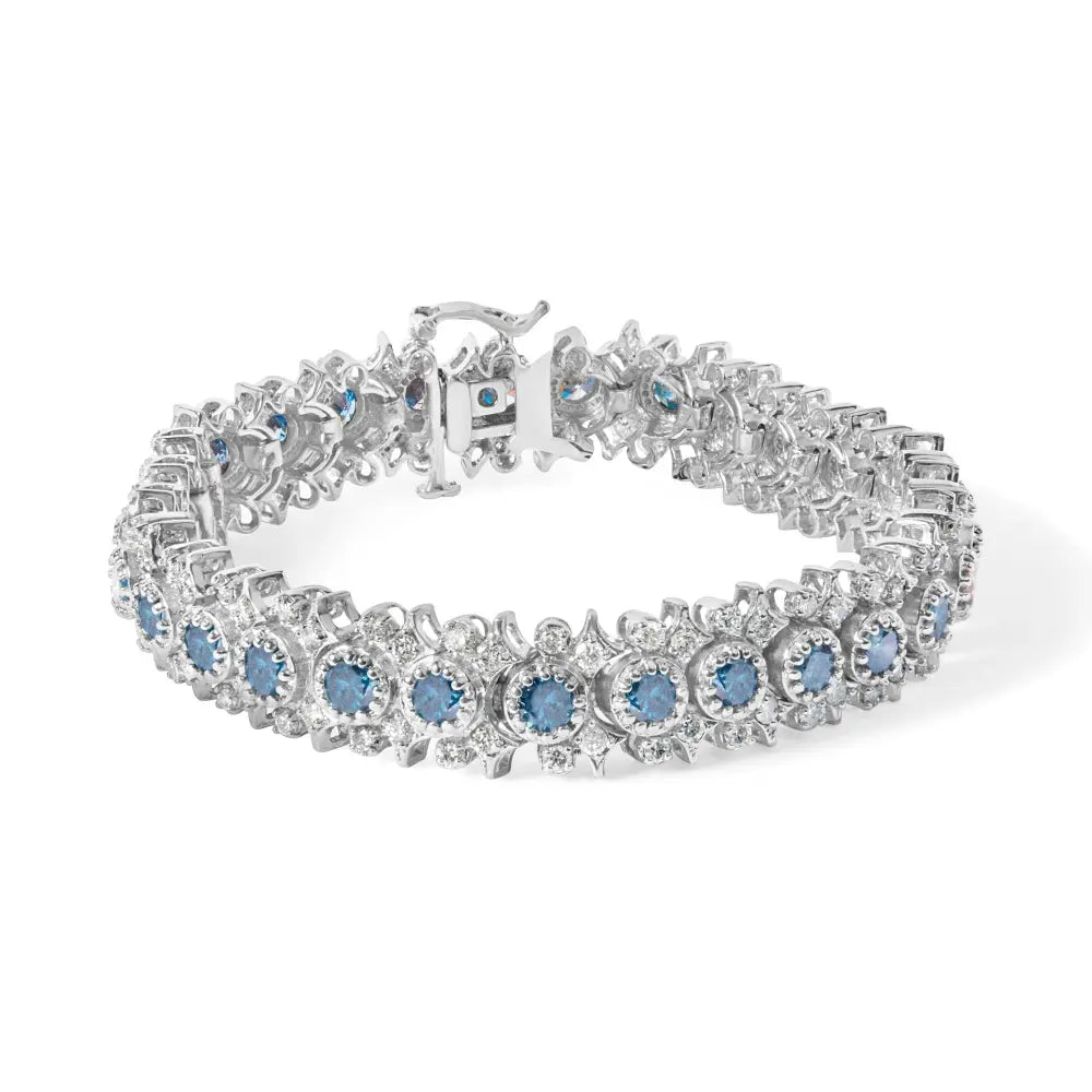 14k white gold 10.0 cttw blue and diamond vintage inspired floral cluster link 7’’ bracelet (h i color si2 i1