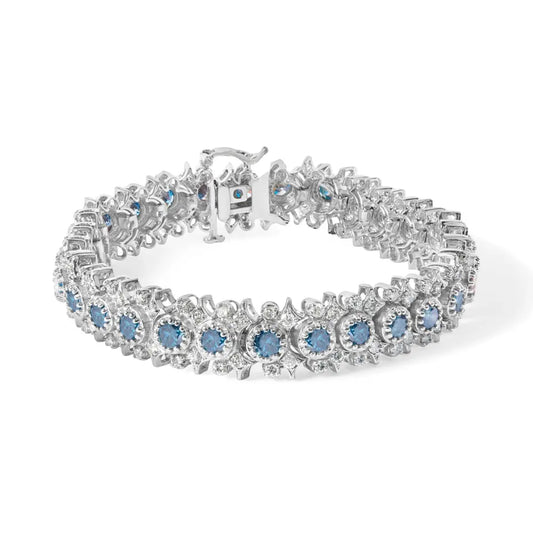 14k white gold 10.0 cttw blue and diamond vintage inspired floral cluster link 7’’ bracelet (h i color si2 i1