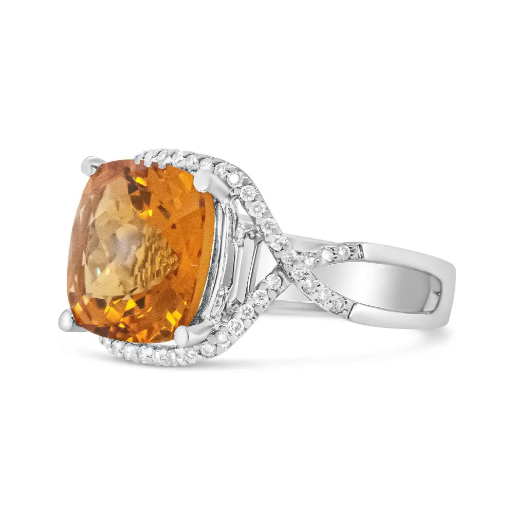 14K White Gold 12mm Cushion Cut Yellow Citrine Gemstone and 1/3 Cttw Round Pave-Set Diamond Ring - (H-I Color, VS1-VS2 Clarity) - Bijoux-NYC Direct
