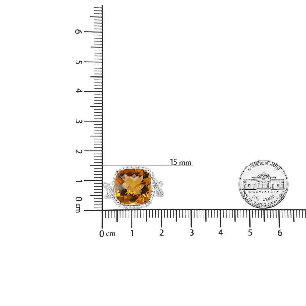 14K White Gold 12mm Cushion Cut Yellow Citrine Gemstone and 1/3 Cttw Round Pave-Set Diamond Ring - (H-I Color, VS1-VS2 Clarity) - Bijoux-NYC Direct