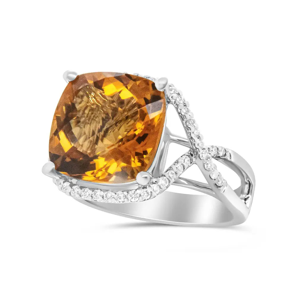 14K White Gold 12mm Cushion Cut Yellow Citrine Gemstone and 1/3 Cttw Round Pave-Set Diamond Ring - (H-I Color, VS1-VS2 Clarity) - Bijoux-NYC Direct
