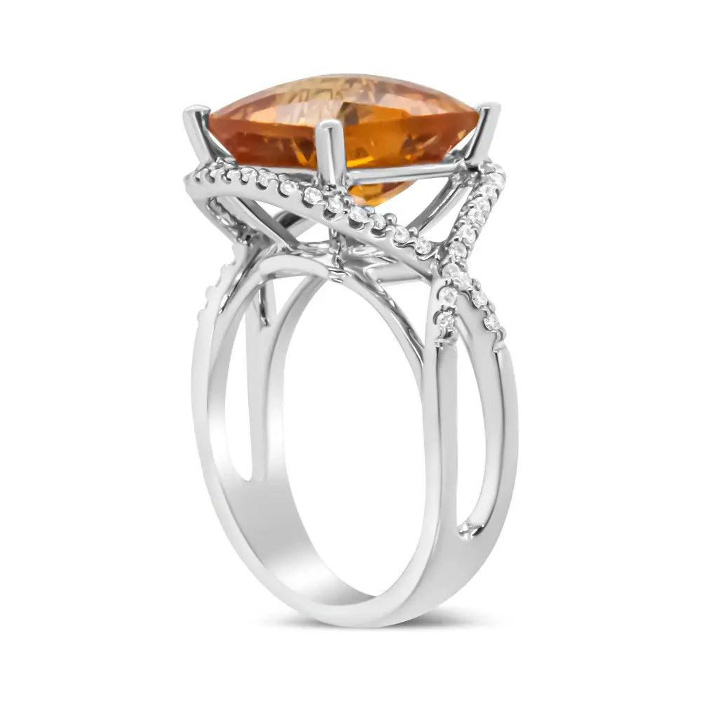 14K White Gold 12mm Cushion Cut Yellow Citrine Gemstone and 1/3 Cttw Round Pave-Set Diamond Ring - (H-I Color, VS1-VS2 Clarity) - Bijoux-NYC Direct