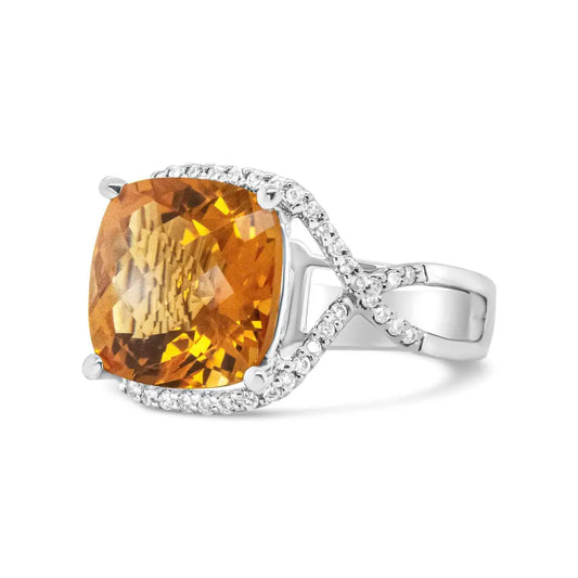 14K White Gold 12mm Cushion Cut Yellow Citrine Gemstone and 1/3 Cttw Round Pave-Set Diamond Ring - (H-I Color, VS1-VS2 Clarity) - Bijoux-NYC Direct