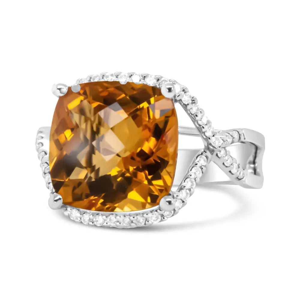 14K White Gold 12mm Cushion Cut Yellow Citrine Gemstone and 1/3 Cttw Round Pave-Set Diamond Ring - (H-I Color, VS1-VS2 Clarity) - Bijoux-NYC Direct