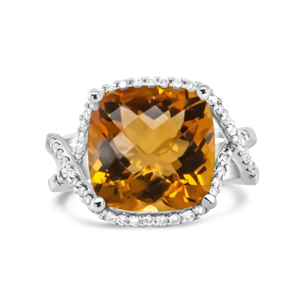 14K White Gold 12mm Cushion Cut Yellow Citrine Gemstone and 1/3 Cttw Round Pave-Set Diamond Ring - (H-I Color, VS1-VS2 Clarity) - Bijoux-NYC Direct
