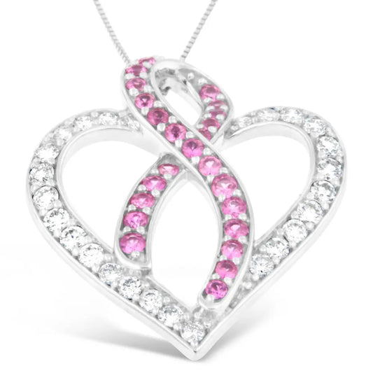 14K White Gold 1ct. TGW Diamond And Pink Sapphire Gemstone Pendant Necklace (G-H, SI2-I1) - Bijoux-NYC Direct