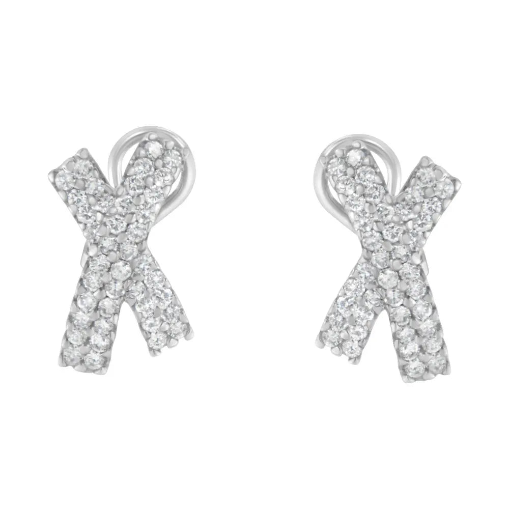 14K White Gold 2.0 Cttw Round-Brilliant Cut Diamond Domed X Shaped Omega Back Stud Earrings (H-I Color, I1-I2 Clarity) - Bijoux-NYC Direct
