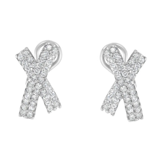 14K White Gold 2.0 Cttw Round-Brilliant Cut Diamond Domed X Shaped Omega Back Stud Earrings (H-I Color, I1-I2 Clarity) - Bijoux-NYC Direct