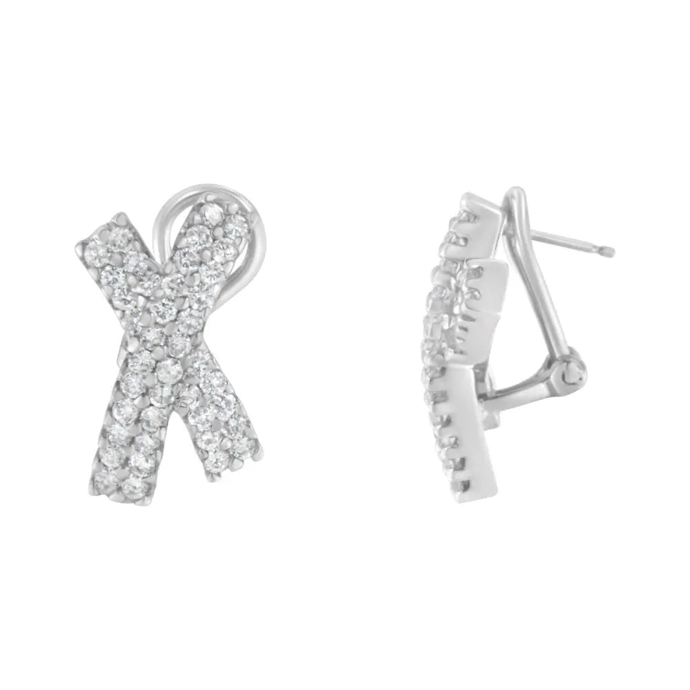 14K White Gold 2.0 Cttw Round-Brilliant Cut Diamond Domed X Shaped Omega Back Stud Earrings (H-I Color, I1-I2 Clarity) - Bijoux-NYC Direct