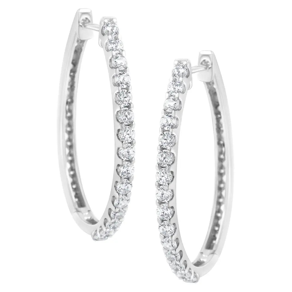 14K White Gold 2.0 Cttw Round Brilliant Cut Diamond Oblong Hinged Leverback Hoop Earrings (I-J Color, I1-I2 Clarity) - Bijoux-NYC Direct