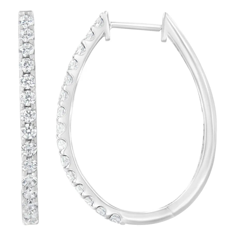 14K White Gold 2.0 Cttw Round Brilliant Cut Diamond Oblong Hinged Leverback Hoop Earrings (I-J Color, I1-I2 Clarity) - Bijoux-NYC Direct