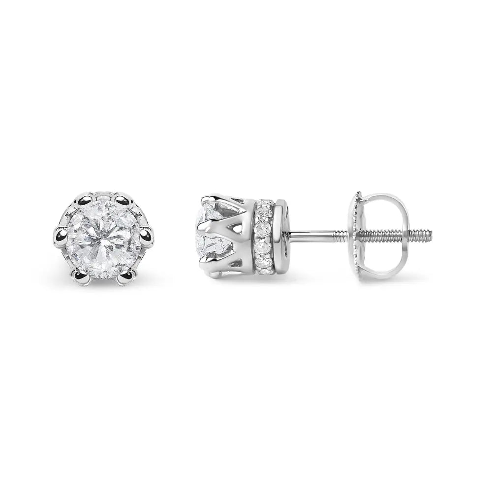 14k white gold 2.0 cttw round diamond crown stud earrings bijoux-nyc direct