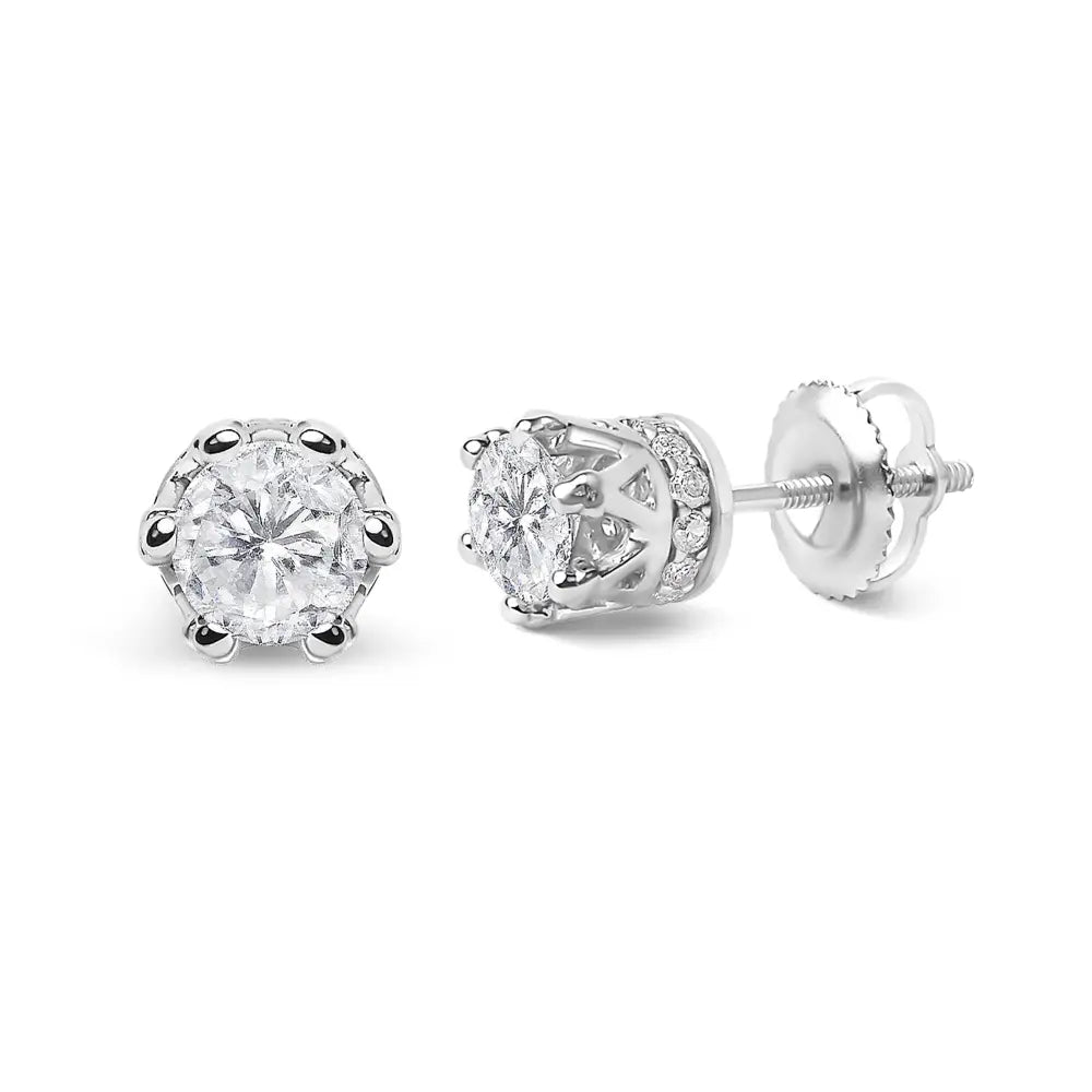 14k white gold 2.0 cttw round diamond crown stud earrings bijoux-nyc direct
